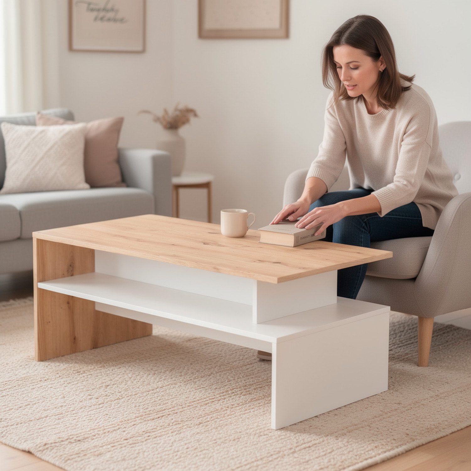 Tavolino Da Caffè Soggiorno Moderno Con Ripiano E Vani A Giorno Design Elegante E Funzionale 108 x 50 x 43 cm Bianco Opaco E Quercia