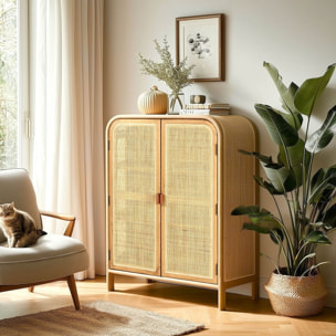 AMY - Armoire forme arrondie mindi et rotin naturel 2 portes 3 étagères AMY