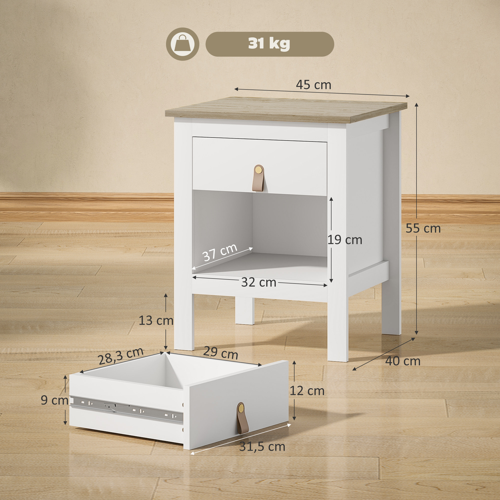 Mesita de Noche Moderna Mesilla de Noche con Cajón Compartimento Abierto Mesa Auxiliar para Salón Dormitorio 45x40x55 cm Blanco
