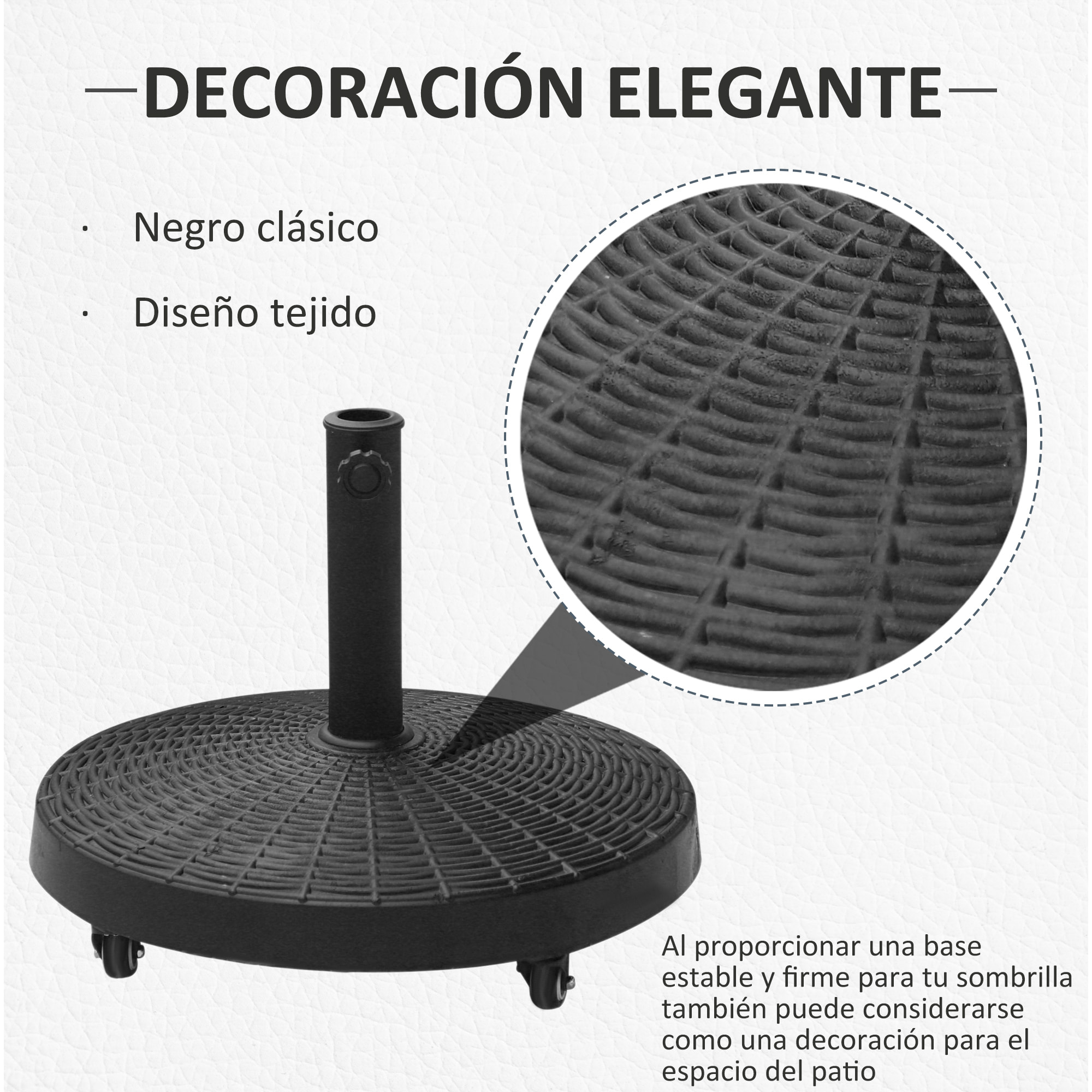 Base para Sombrilla Redonda Ø52 cm 22,7 kg Soporte para Parasol de Resina con Ruedas Pie para Sombrilla con Postes Ø38 mm y Ø48 mm Diseño de Ratán para Jardín Patio Terraza Negro
