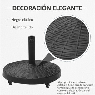 Base para Sombrilla Redonda Ø52 cm 22,7 kg Soporte para Parasol de Resina con Ruedas Pie para Sombrilla con Postes Ø38 mm y Ø48 mm Diseño de Ratán para Jardín Patio Terraza Negro