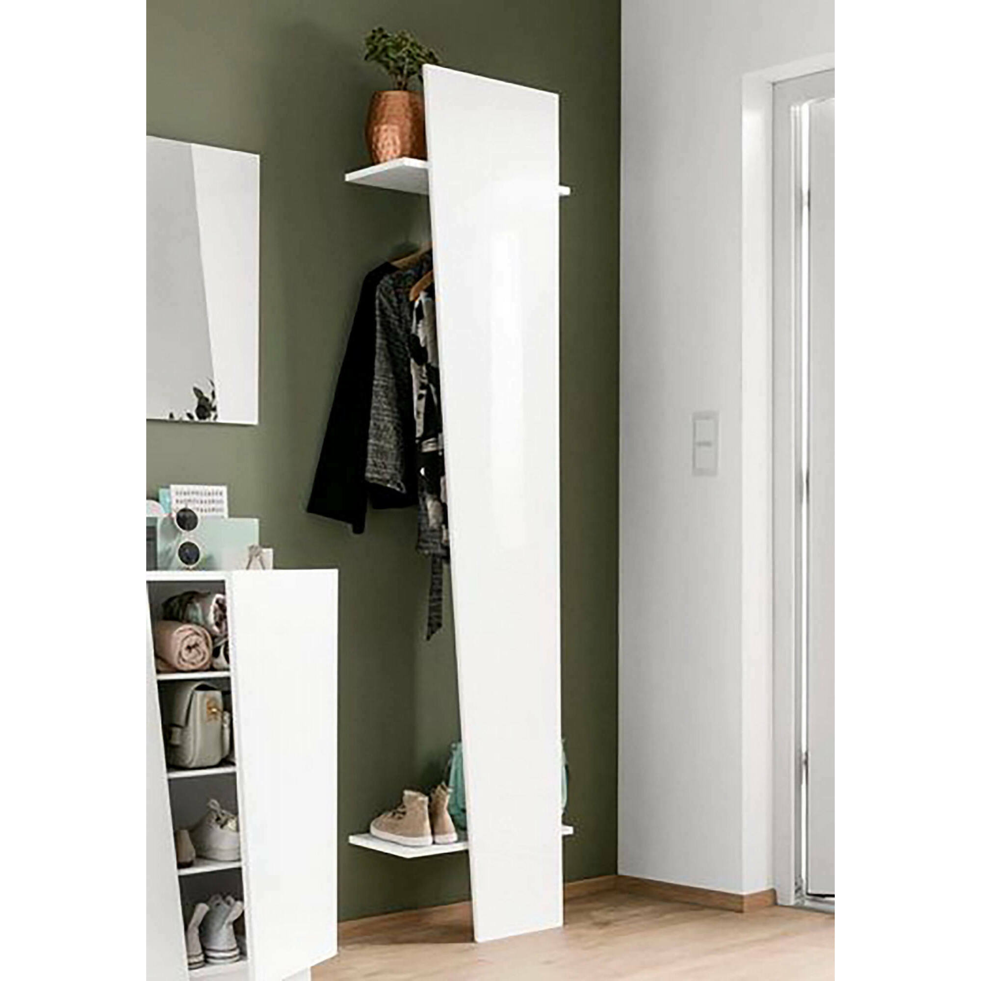 Mobile da ingresso Allinko, Entratina moderna multifunzione, Armadietto multiuso per atrio, 100% Made in Italy, cm 50x30h200, Bianco lucido