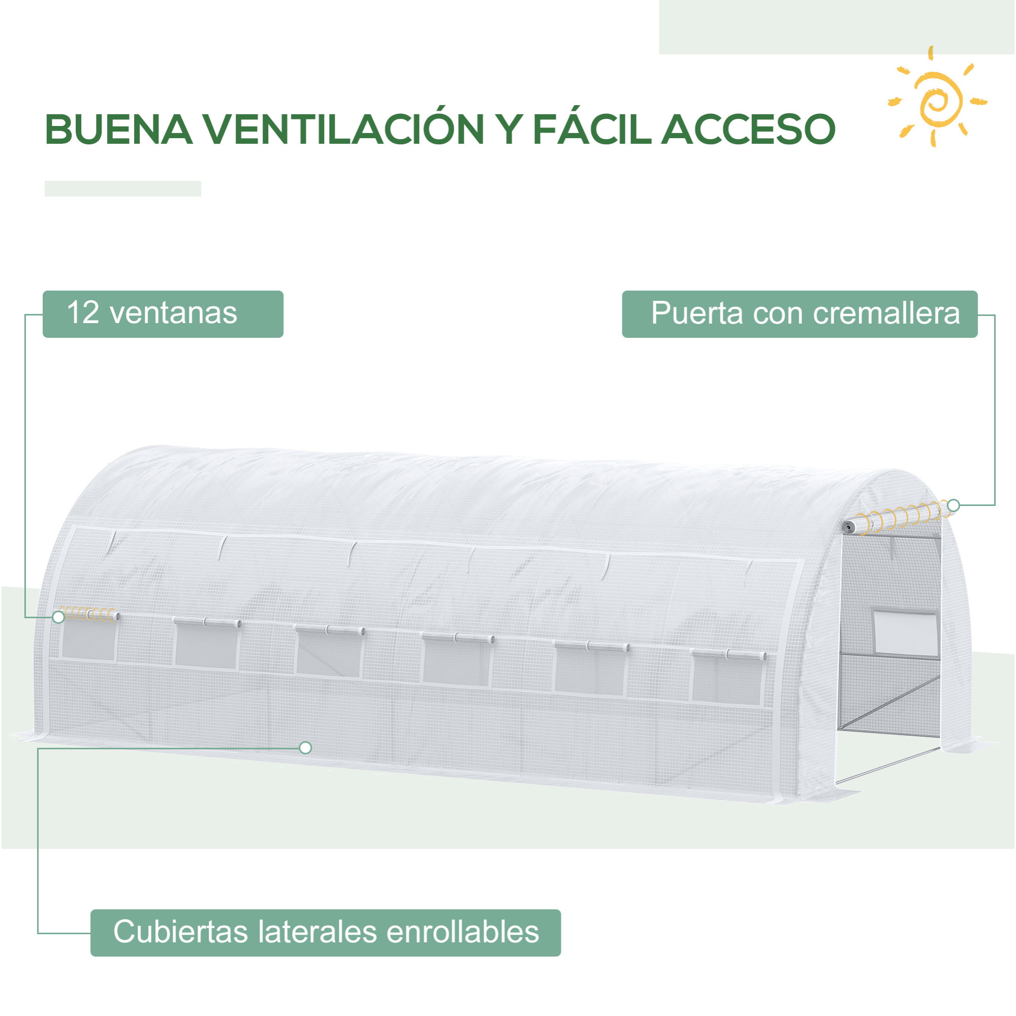Invernadero de Túnel de Jardín 6x3x2 m con Puerta y 12 Ventanas Enrollables de Polietileno 140 g/m² y Acero Galvanizado para Cultivos Plantas Flores Blanco