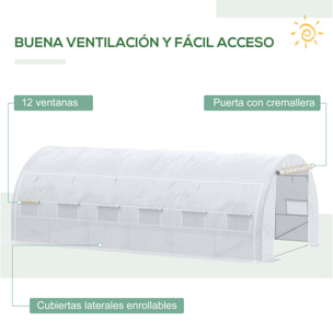 Invernadero de Túnel de Jardín 6x3x2 m con Puerta y 12 Ventanas Enrollables de Polietileno 140 g/m² y Acero Galvanizado para Cultivos Plantas Flores Blanco