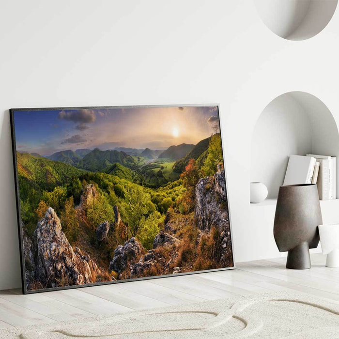 Affiche encadrée panorama de montagnes au coucher du soleil Affiche + cadre en métal - Noir