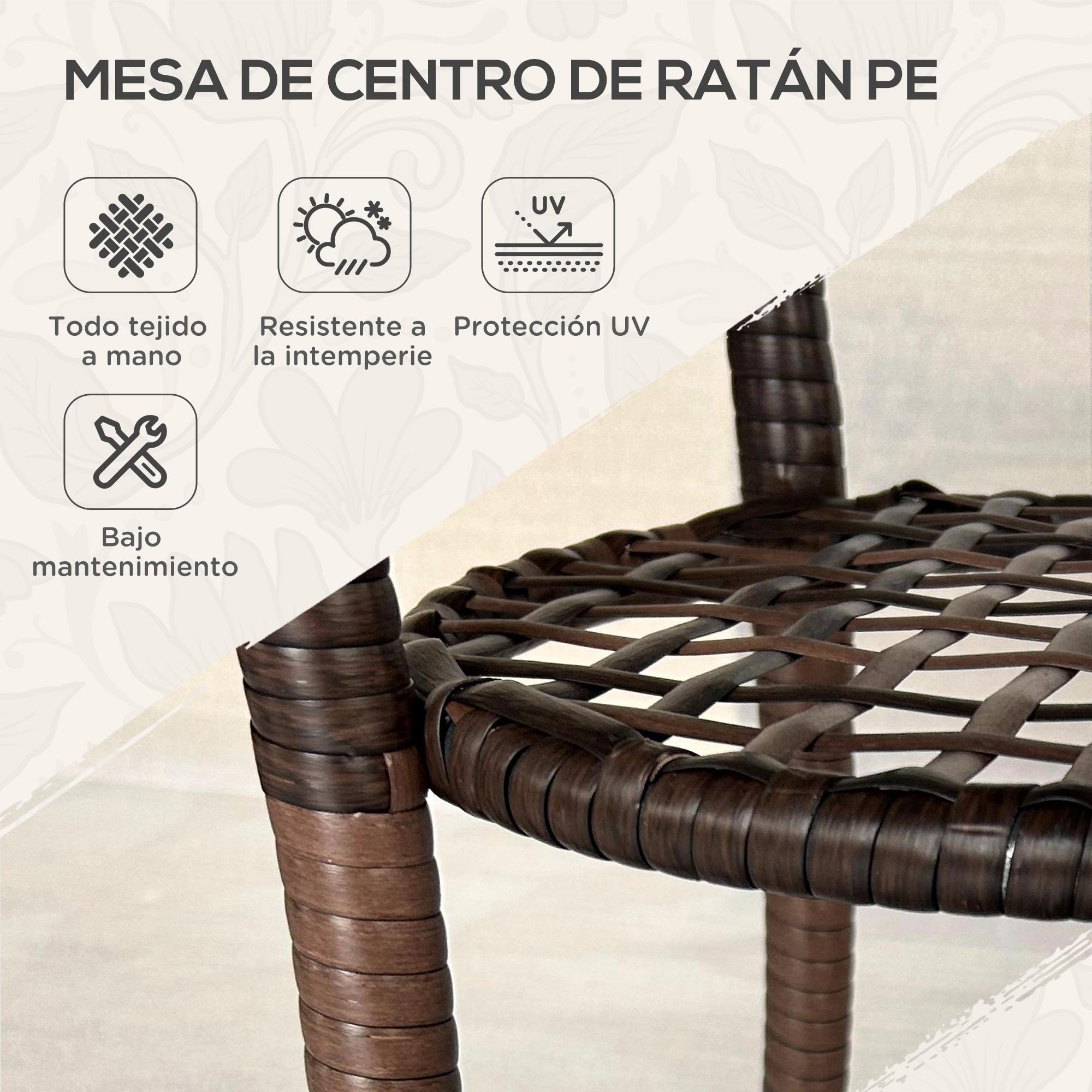 Mesa de Ratán Redonda Ø64x71 cm Mesa de Jardín con Estante Marco de Acero y Tablero de Vidrio Carga 50 kg para Terraza Patio Marrón