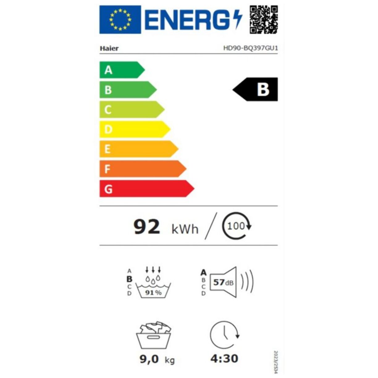 Sèche linge pompe à chaleur HAIER HD90-BQ397PGU1 9kg - Idéal famille & Ultra-silencieux & Connecté & Basse consommation