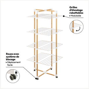 Étendoir à linge tour 4 roues 40m effet bois