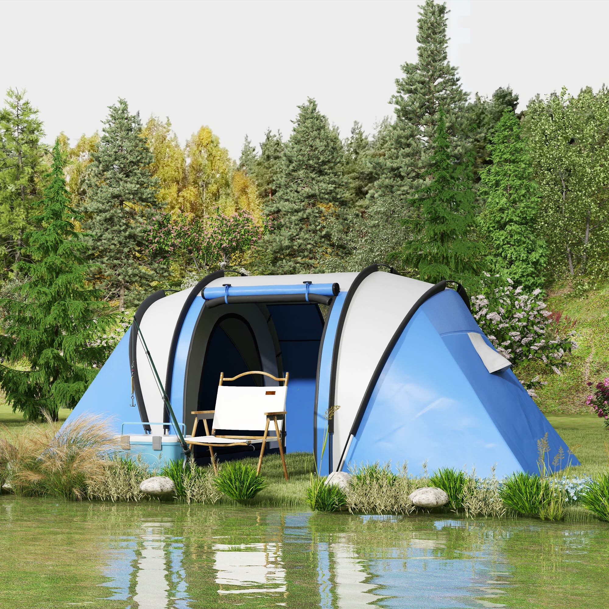 Tienda de Campaña Familiar para 4-5 Personas Tienda de Acampada de Túnel Impermeable 3000 mm con 2 Dormitorios Bolsa de Transporte y Gancho para Pescar Senderismo Azul
