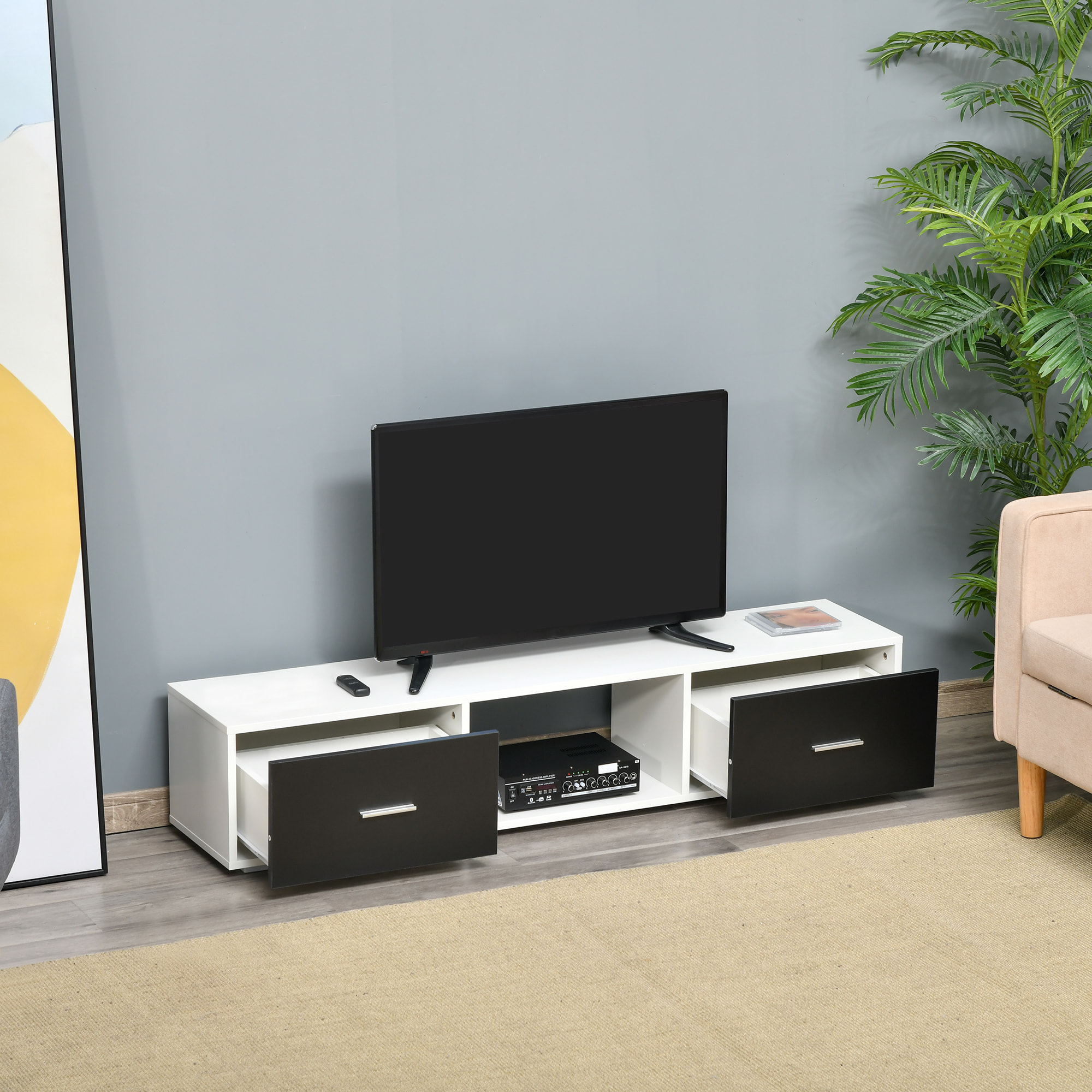 Mueble de TV para Televisores de hasta 60" Mesa para TV de Salón Estilo Moderno con 2 Cajones y Compartimento Abierto 140x30x32 cm Blanco y Negro