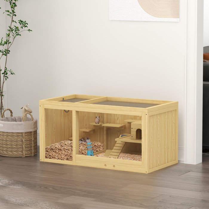 Cage hamster bois plateformes rampe niche bascule biberon eau plateau