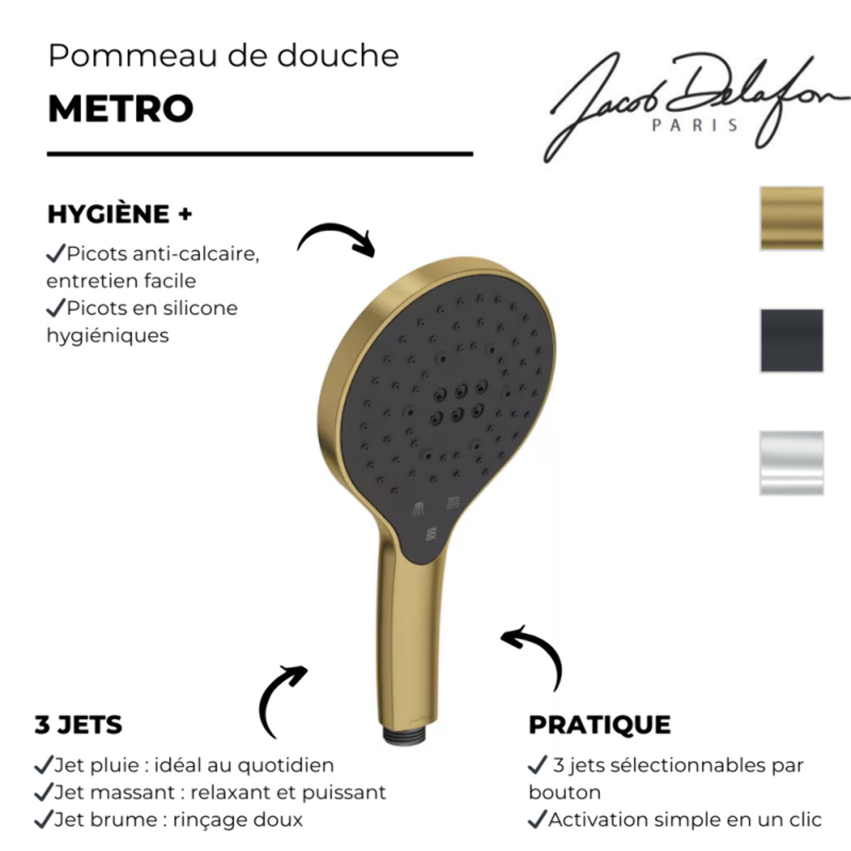 Pommeau de douche 3 jets Metro signature laiton brossé