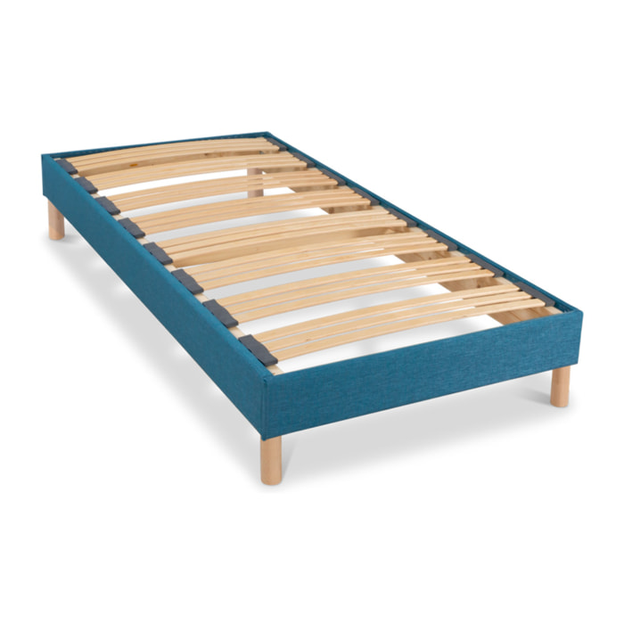 Sommier Lumière Technologie Tri-Lattes, tissu turquoise, Bois Épicéa, H30 cm, Lattes Actives, Aération Optimale