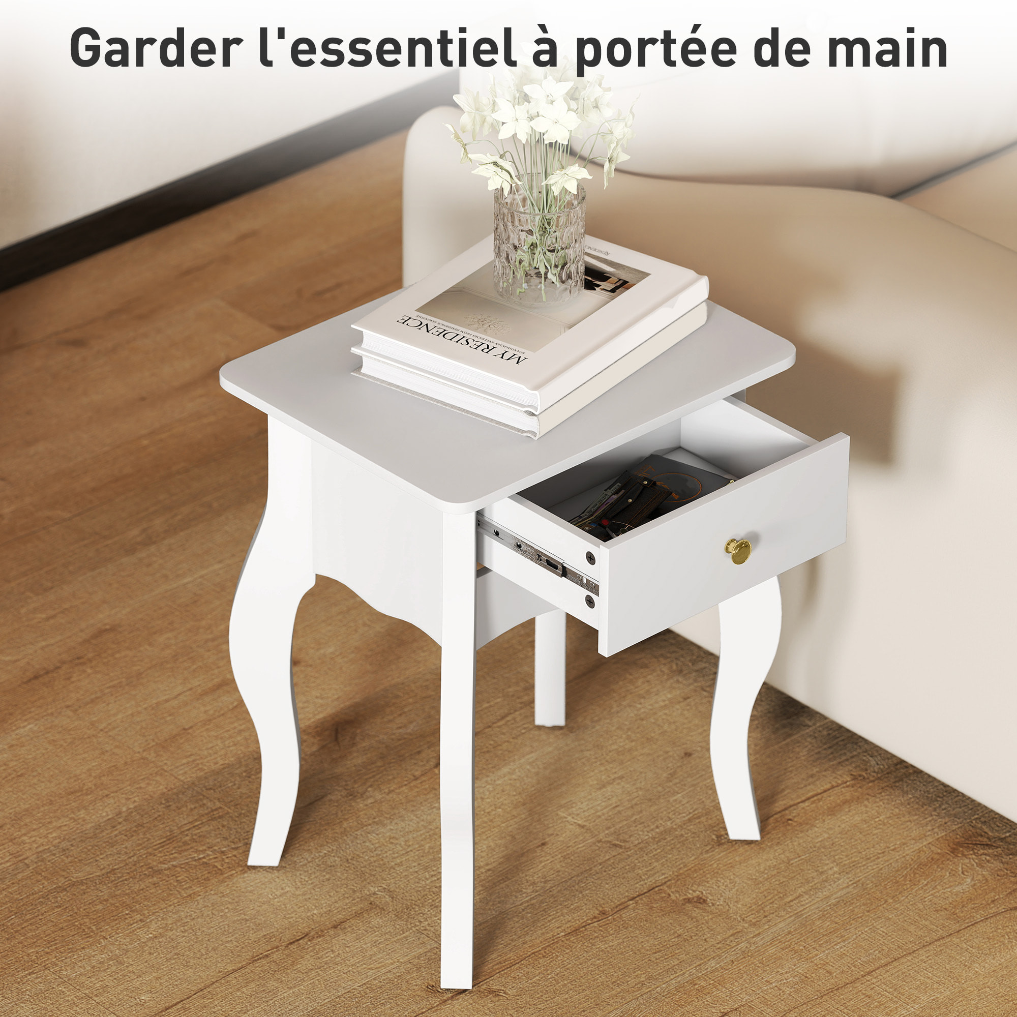Lot de 2 tables d'appoint, bout de canapé avec pieds courbés, tiroir et plateau spacieux, table basse pour salon, chambre, 45 x 35 x 55 cm, blanc