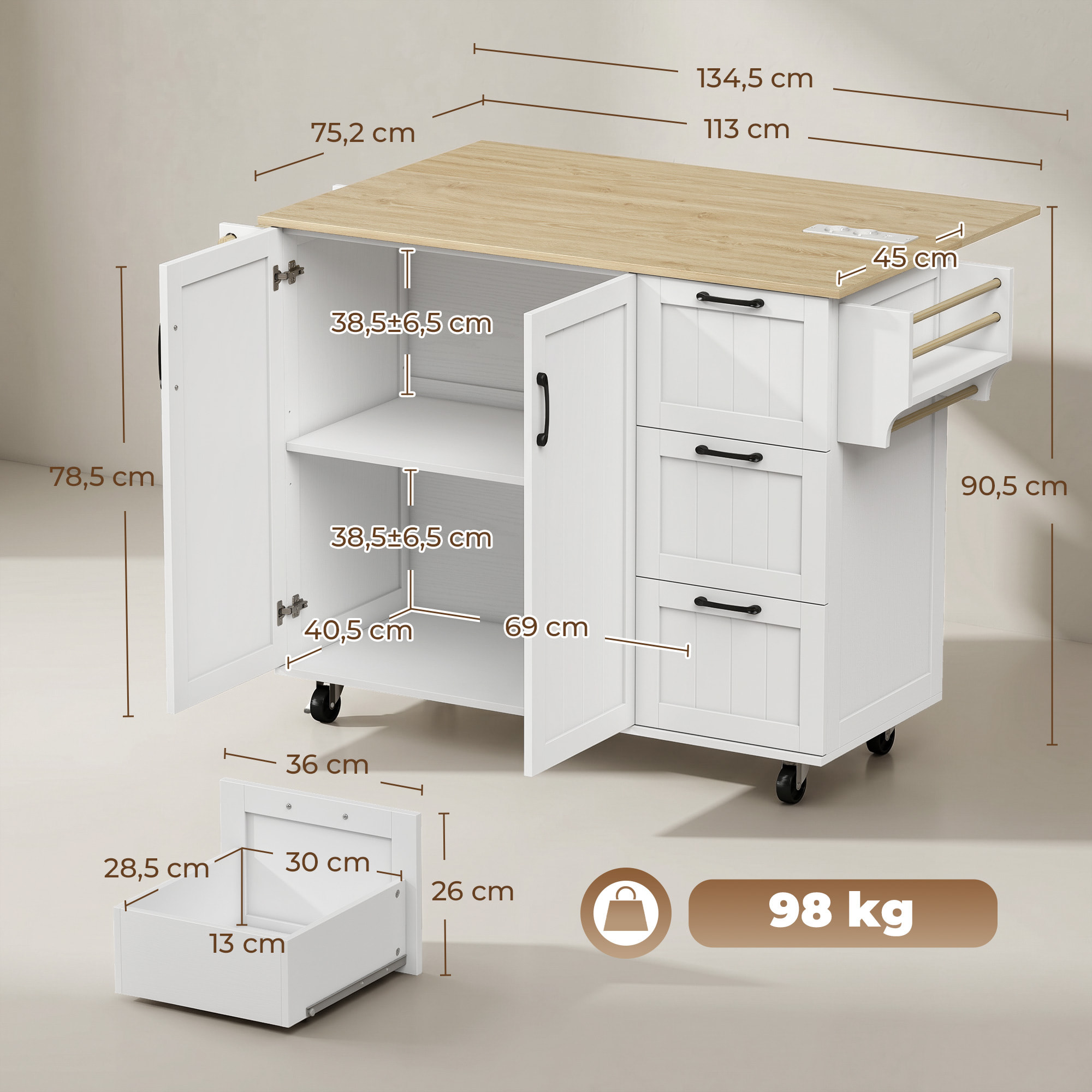 Isla de Cocina con Encimera Extensible y Estación de Carga, Carro de Cocina con Ruedas, 2 Puertas, 3 Cajones, Estantes Ajustables, Especiero y Toallero, Blanco
