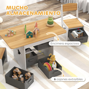 Mesa Infantil con 2 Sillas, Mesa y Sillas Infantil con 6 Cajones de Tela, Diseño Estrellas, para Niños y Niñas de 3-8 Años, para Hogar, Guardería, Aulas, Natural