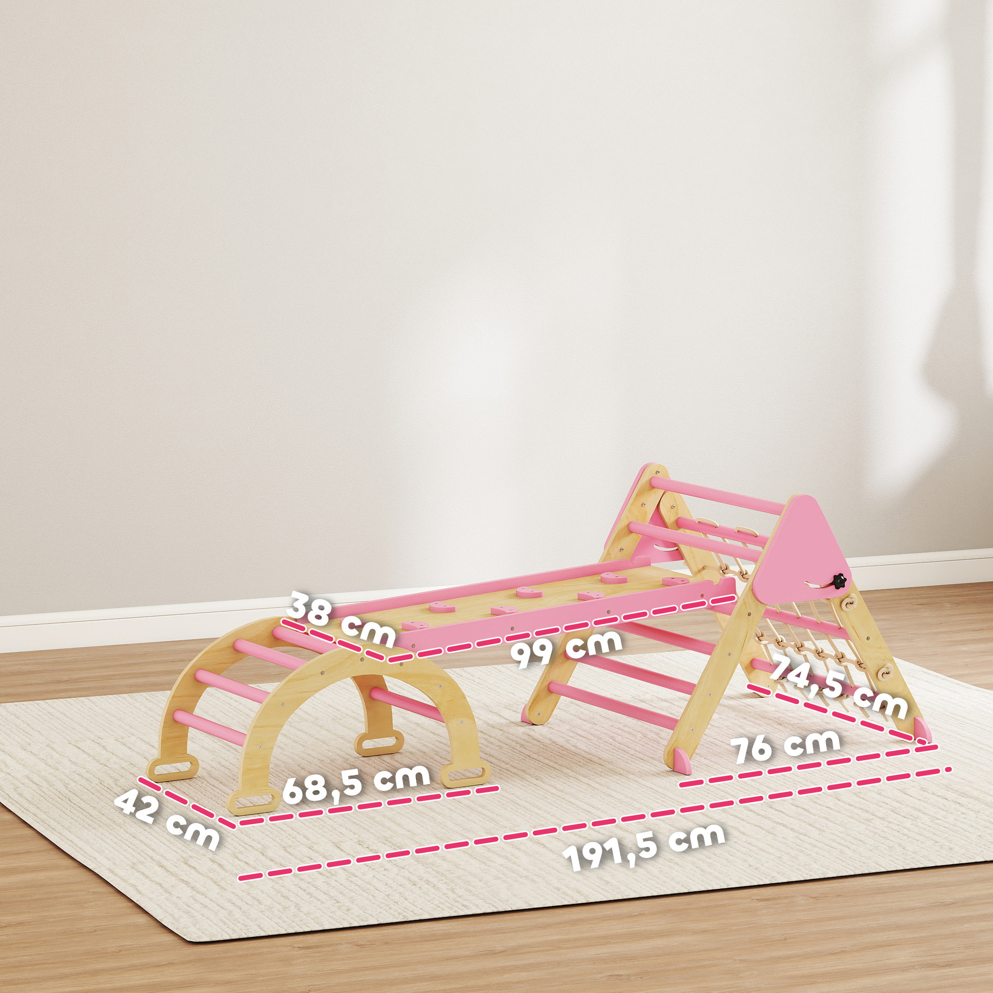 Triangle d'escalade enfant pliable 8 en 1 - aire de jeu enfant - bois rose