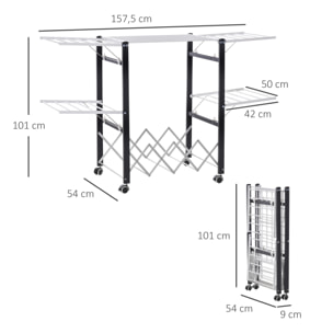 Tendedero de Ropa Plegable Tendedor de Aluminio Móvil con 4 Alas Laterales y Estante para Zapatos 4 Ruedas con Frenos para Interior y Exterior 157,5x54x101 cm Blanco