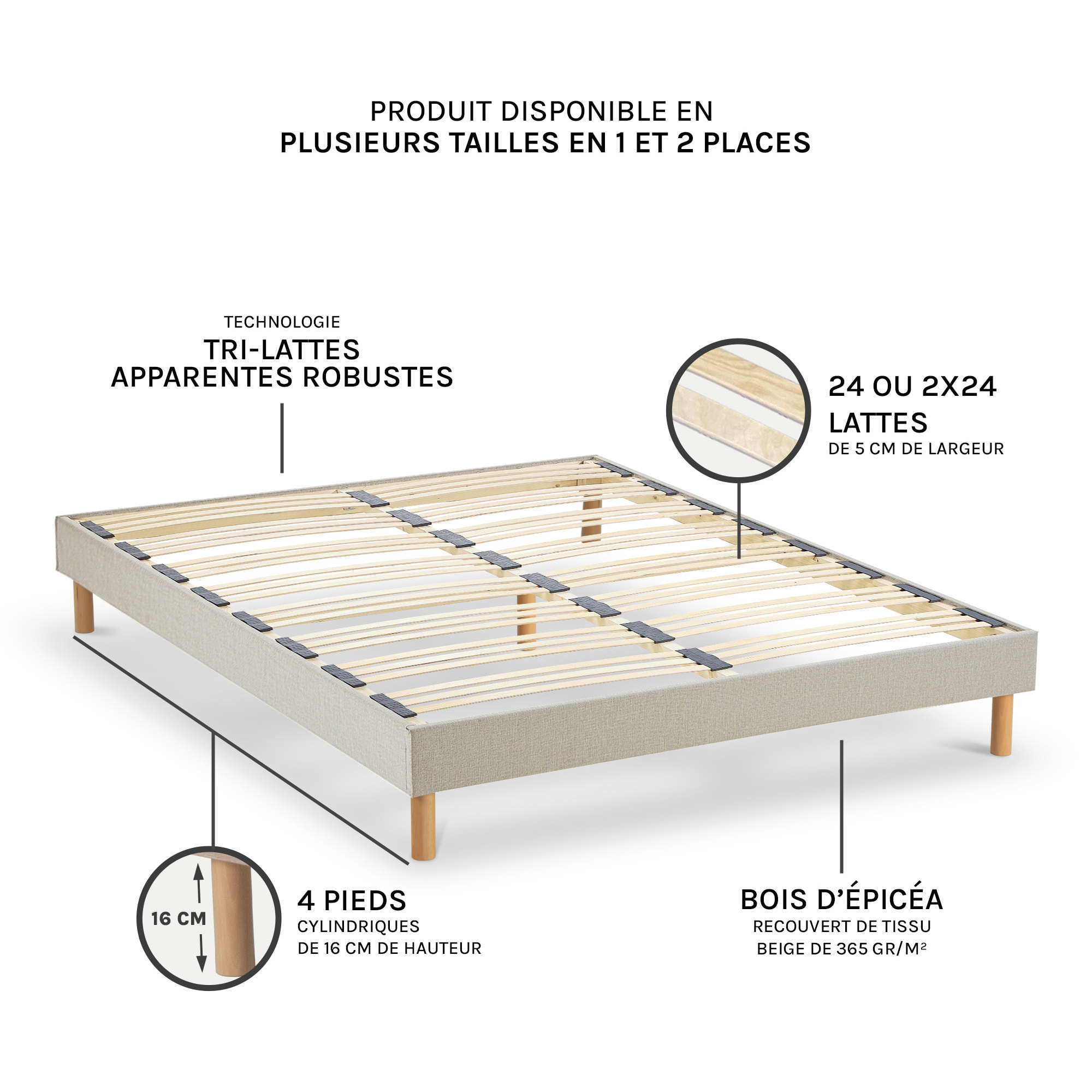 Sommier en kit Lino Technologie Tri-Lattes, Bois Épicéa, H30 cm, Montage Facile, Aération Optimale