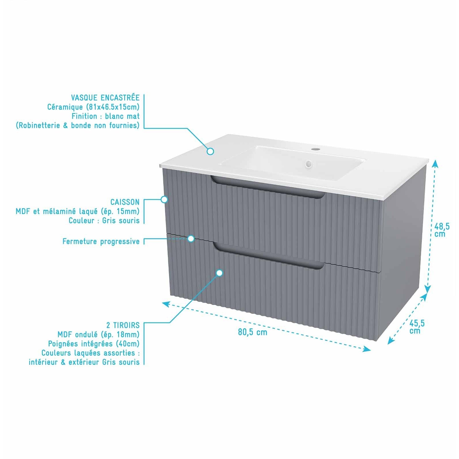 Meuble et colonne de Salle de Bains LEON 80cm Gris Souris - Façades Ondulées - Vasque Blanche Mate