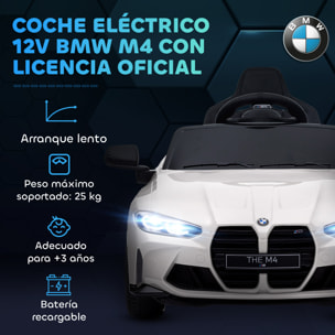 Coche Eléctrico para Niños, BMW M4, Coche de Batería 12V, con Mando a Distancia 2,4 G, Ruedas Traseras con Suspensión, Faros LED, Música, USB, Motor Doble, Blanco