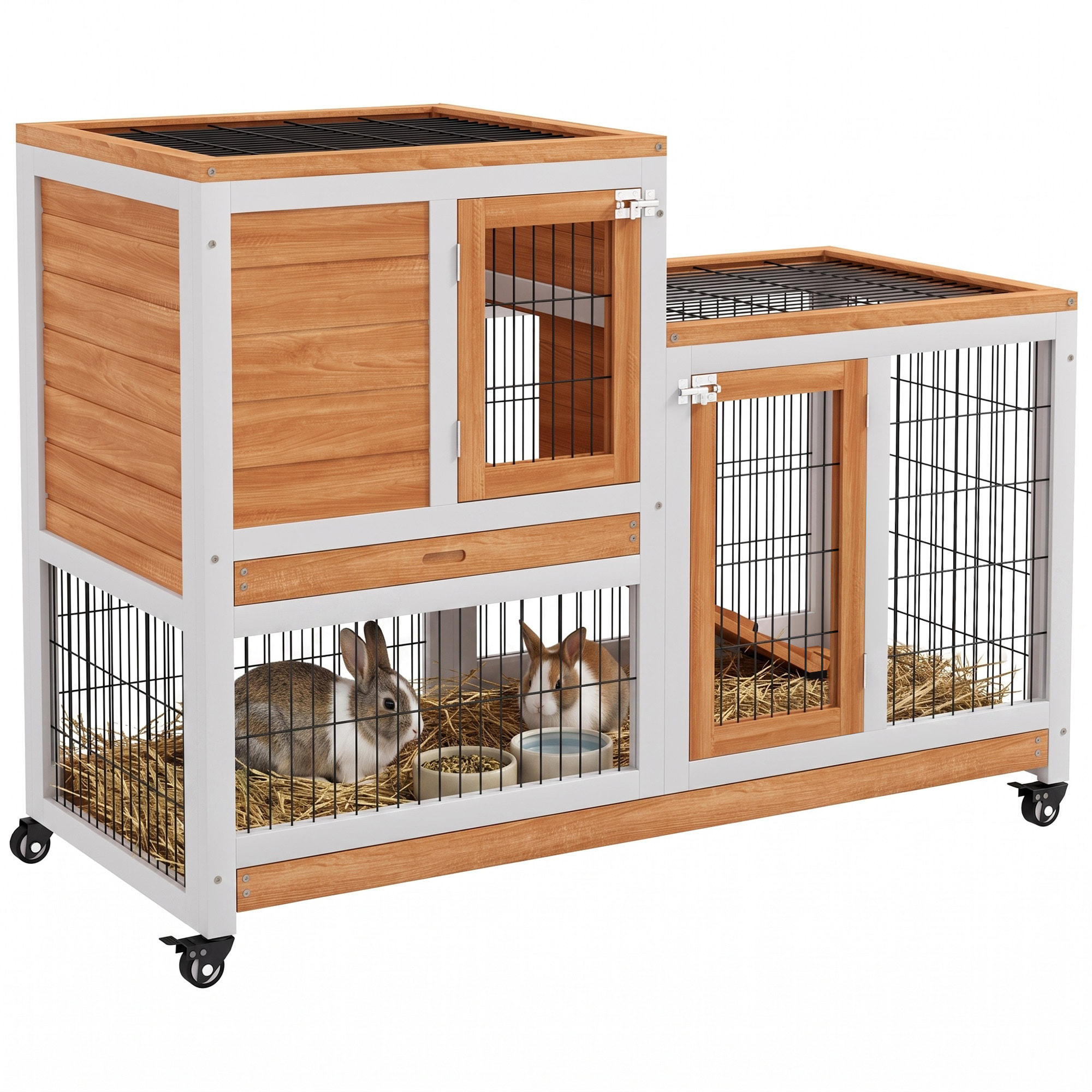 Clapier lapin mobile - niche, rampe, plateau déjection, 2 portes - bois blanc