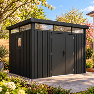 Abri de jardin métal anthracite 5.71 m² toit plat + kit d'ancrage