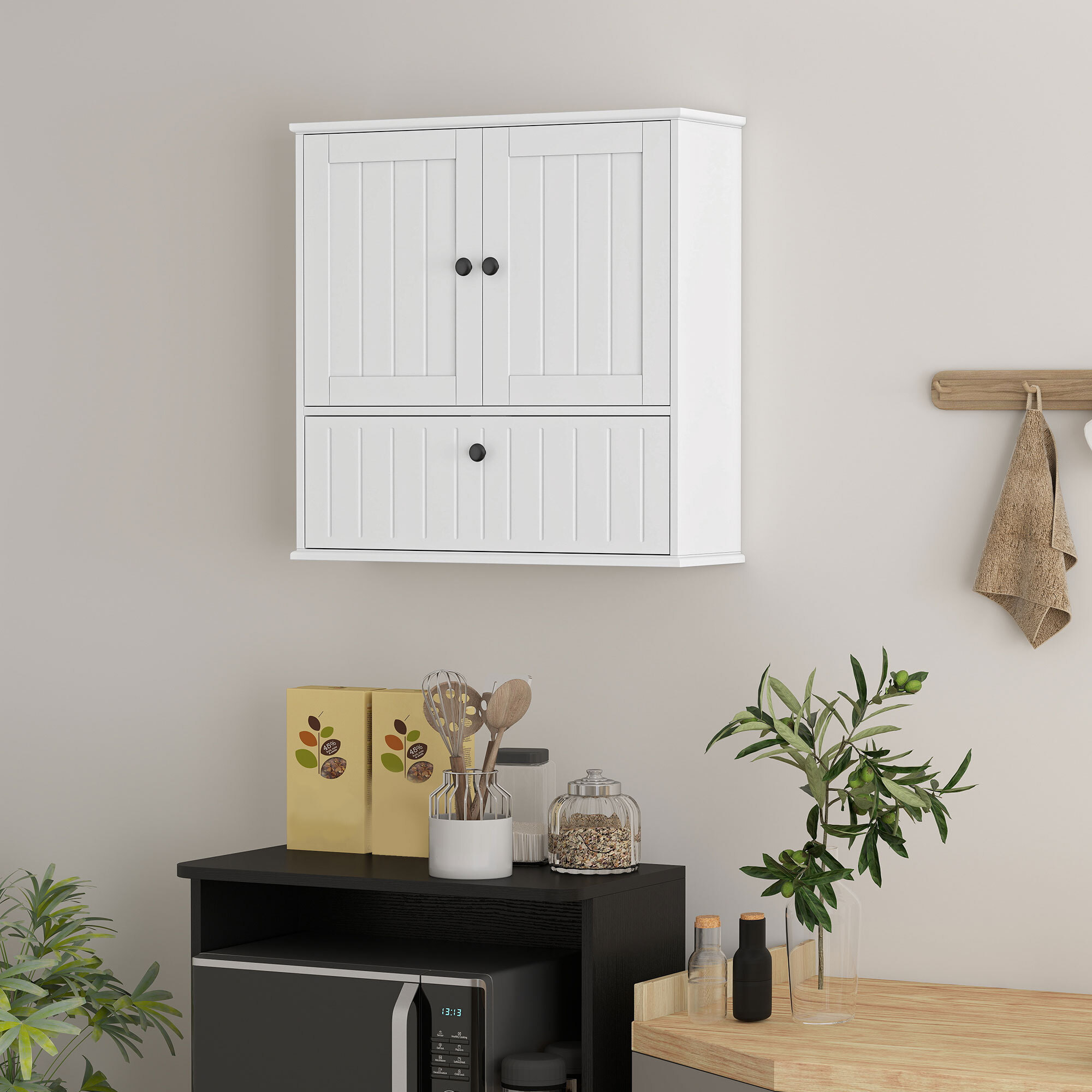 Armario de Baño de Pared, Mueble de Baño Colgar Rústico con Estante Ajustable, Doble Puerta, Puerta Abatible y Cierre Magnético, para Cocina, Lavadero, sobre el Inodoro, Blanco
