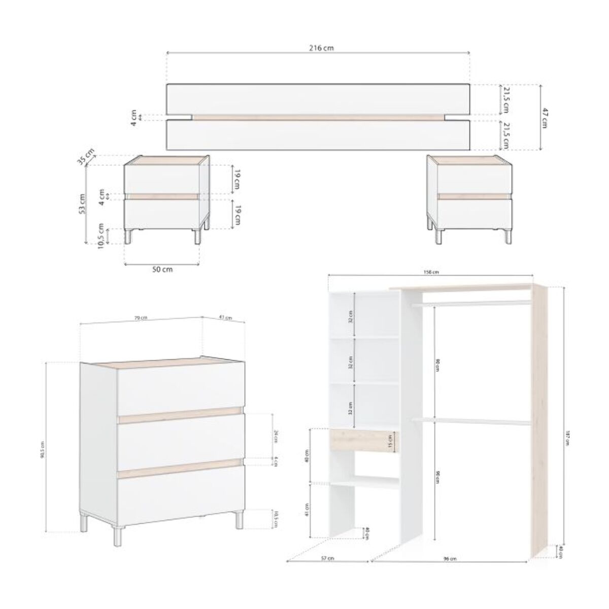 Dormitorio Ezra 3C Plus V2 Blanco Artik (Blanco Mate) - Roble Nodi