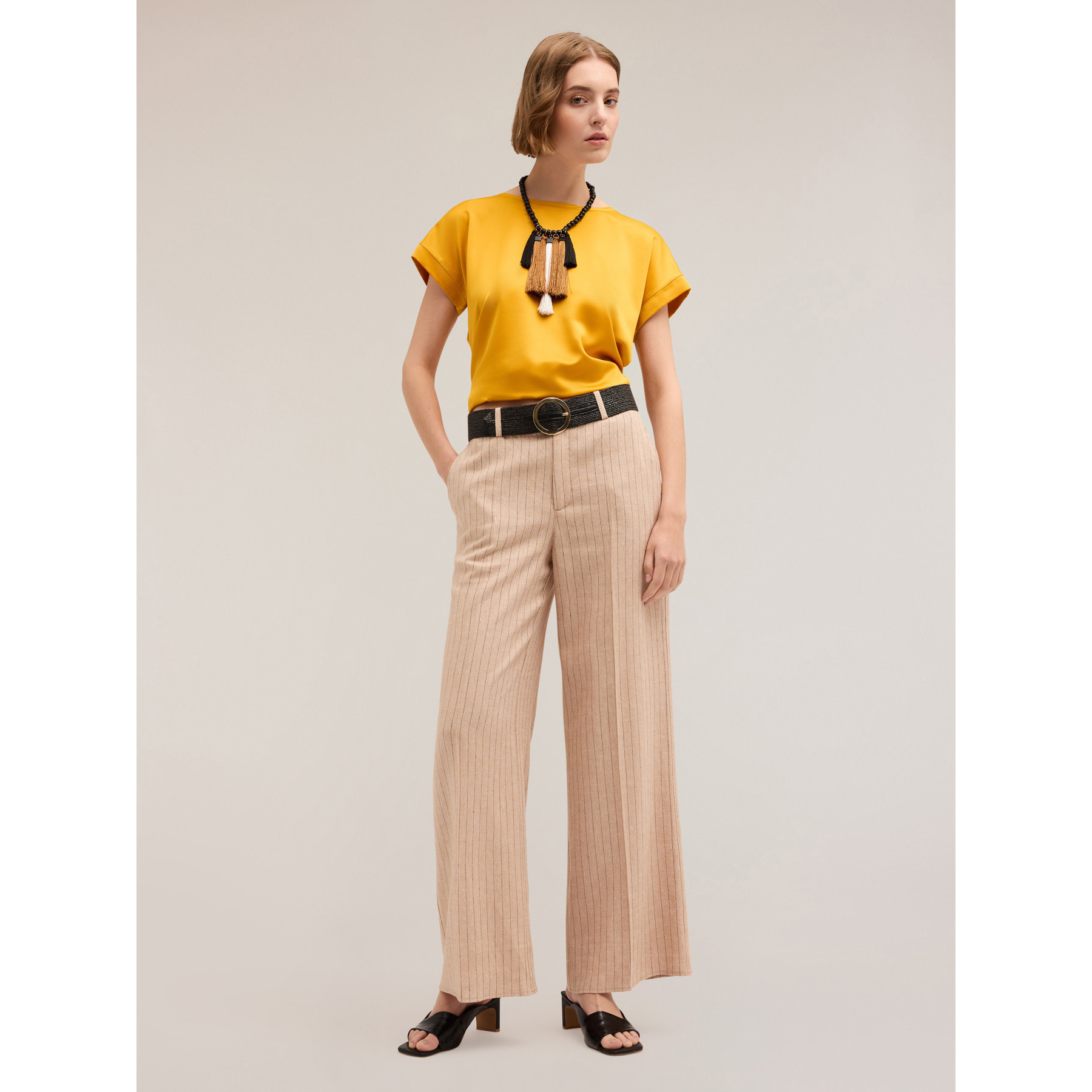 Motivi - Pantalón modelo palazzo estampado de rayas diplomáticas - Beige