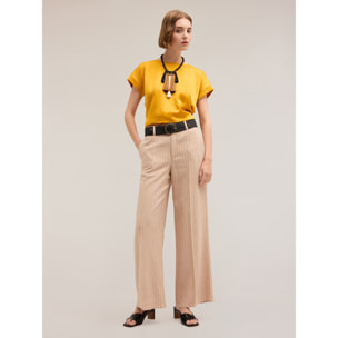 Motivi - Pantalón modelo palazzo estampado de rayas diplomáticas - Beige