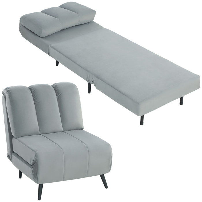 Sofá Cama de 1 Plaza 3 en 1, Sofá Cama Plegable Tapizado en Terciopelo con Respaldo Ajustable en 3 Niveles, Cojín Grueso para Dormitorio, Salón, Oficina, Fácil Montaje, 72x88x87 cm, Gris