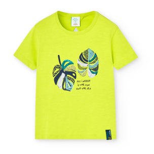 Camiseta flamé niña, algodón, estampado, verde, mangas