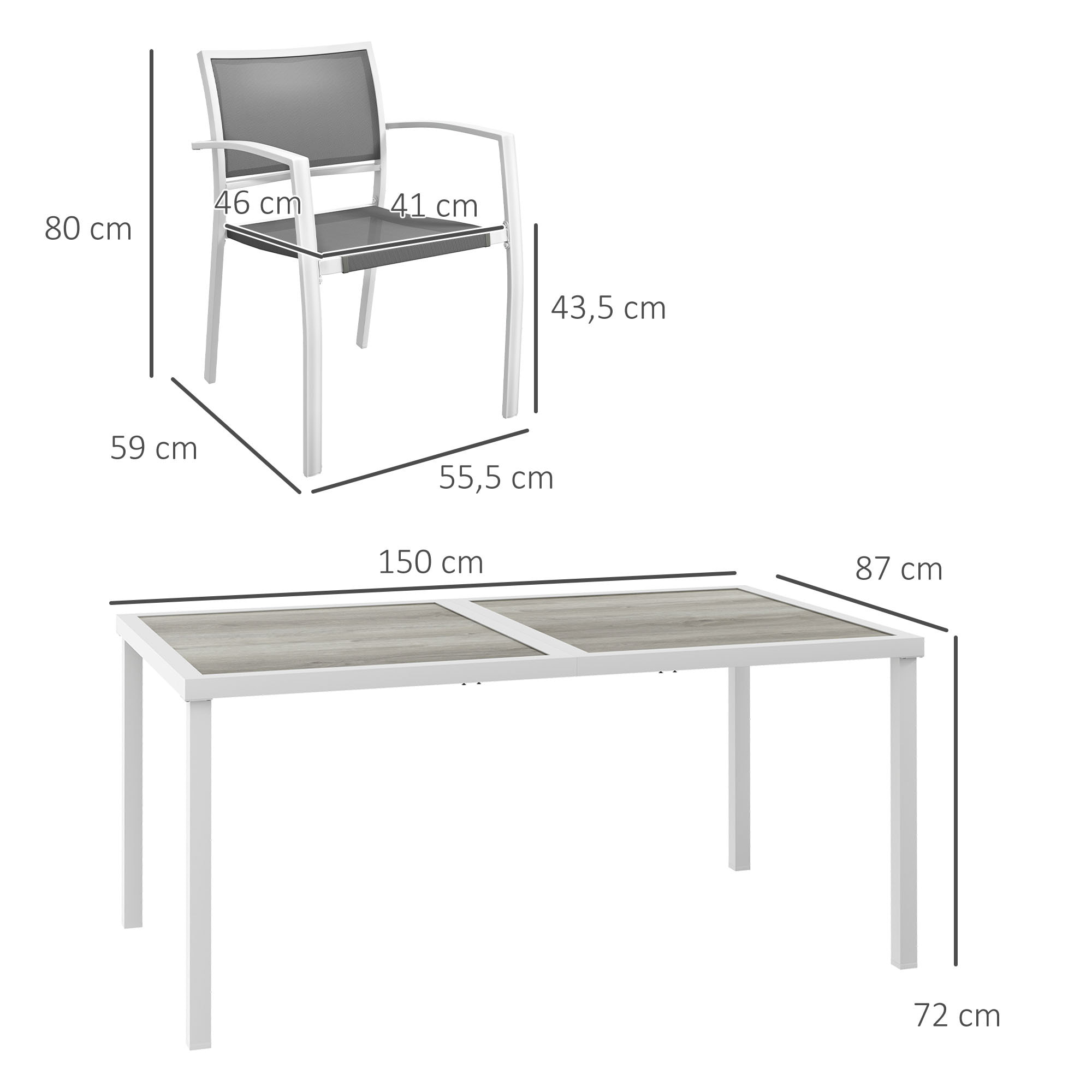 Outsunny Conjunto de Comedor de Exterior Juego de Comedor de Jardín de 7 Piezas con 1 Mesa y 6 Sillas Apilables Estilo Moderno para Terraza Patio Blanco y Gris