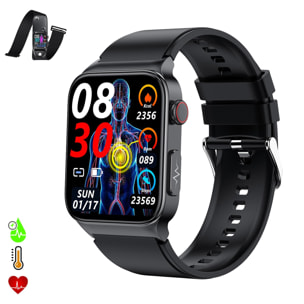 Smartwatch E500 con rilevamento della glicemia, pressione sanguigna e monitor O2. ECG con misurazione del torace. Schermo 1.8.