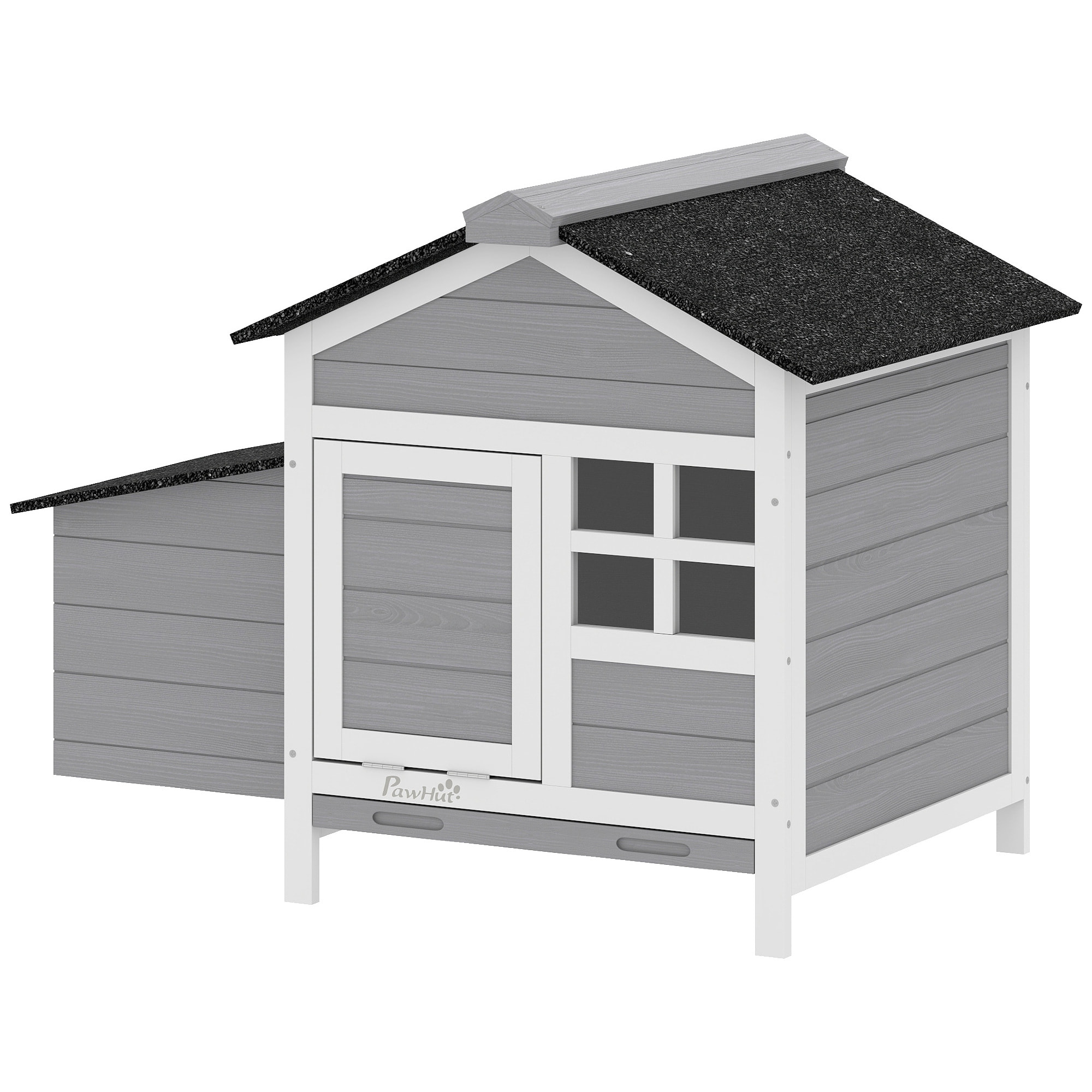 Poulailler en bois sur pieds toit et pondoir bitumés noir blanc gris