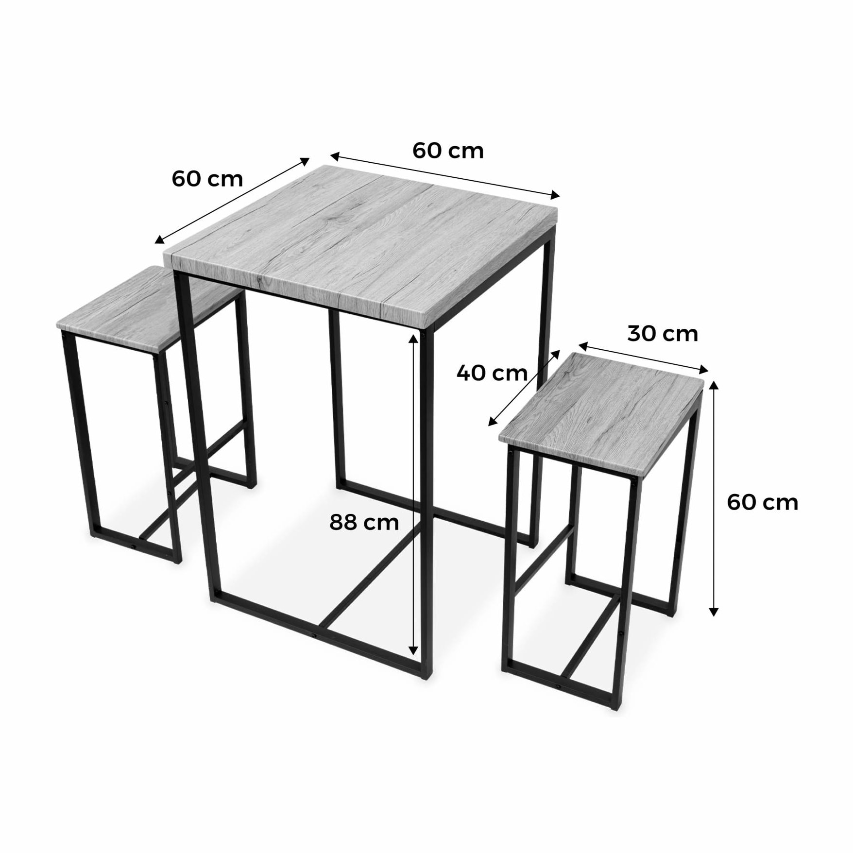 Set table haute carré - Loft - avec 2 tabourets de bar. acier et décor bois. encastrable. design