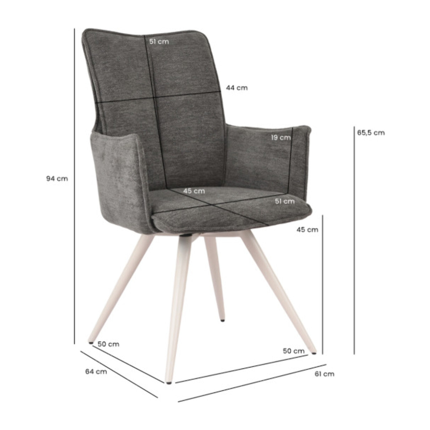 Chaise pivotante 180° avec accoudoirs tissu doux et pieds métal - TOMA