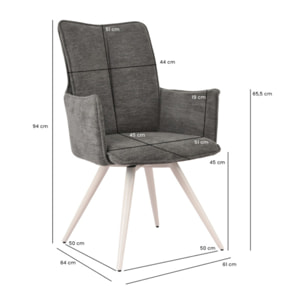 Chaise pivotante 180° avec accoudoirs tissu doux et pieds métal - TOMA