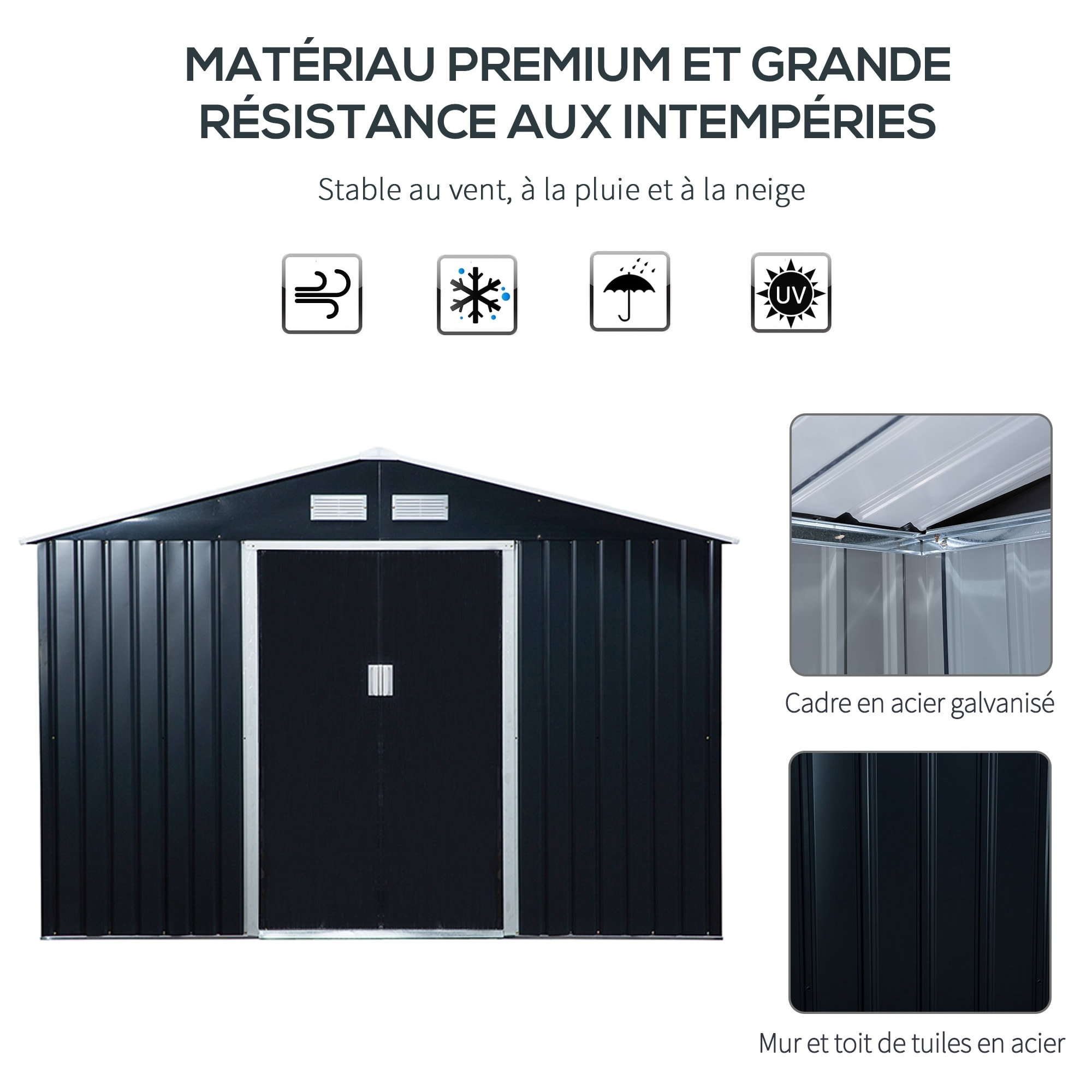 Abri de jardin - remise pour outils - cabanon double porte coulissante - fondation incluse - dim. 277L x 191l x 192H cm - tôle d'acier ondulée anthracite