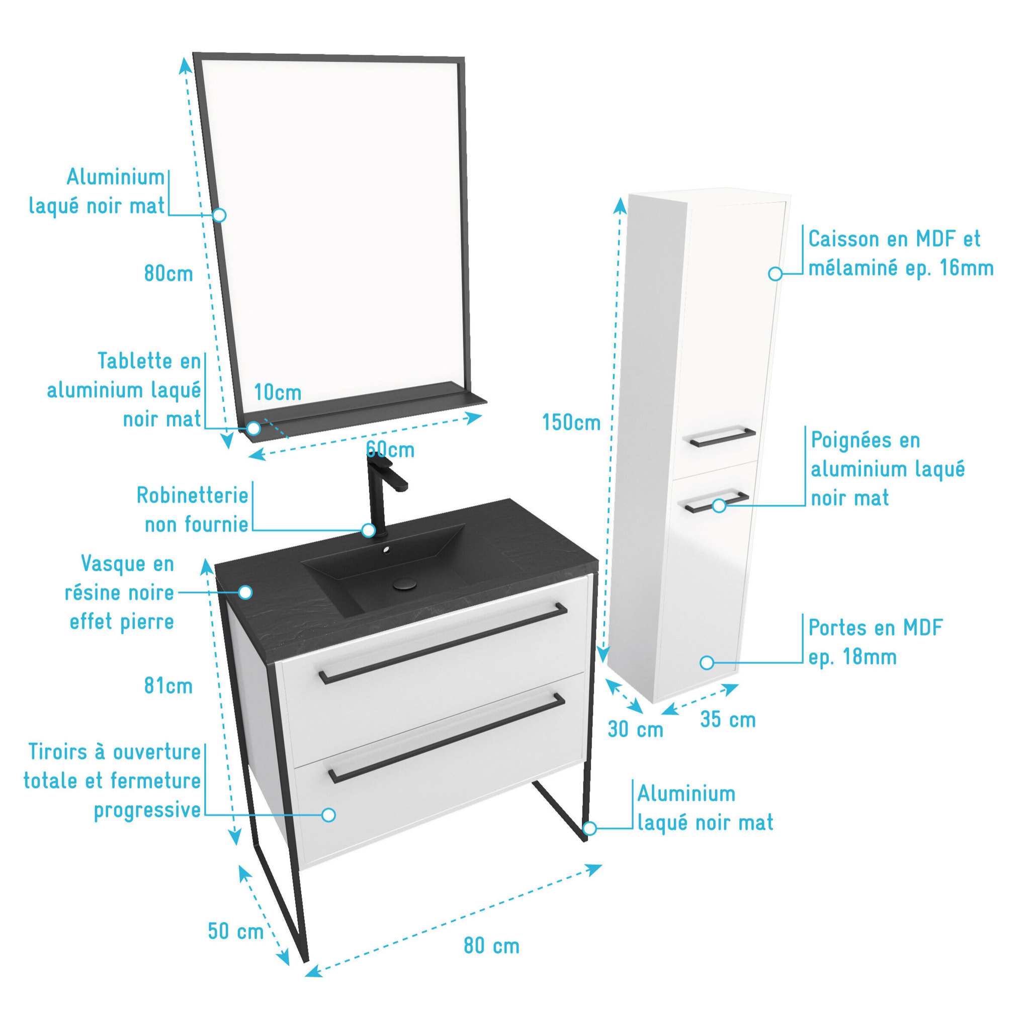 Meuble de salle de bain 80x50 cm - 2 tiroirs blanc - vasque resine noir effet pierre + colonne