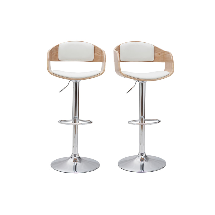 Tabourets de bar design réglables en polyuréthane blanc et bois clair (lot de 2) EUSTACHE