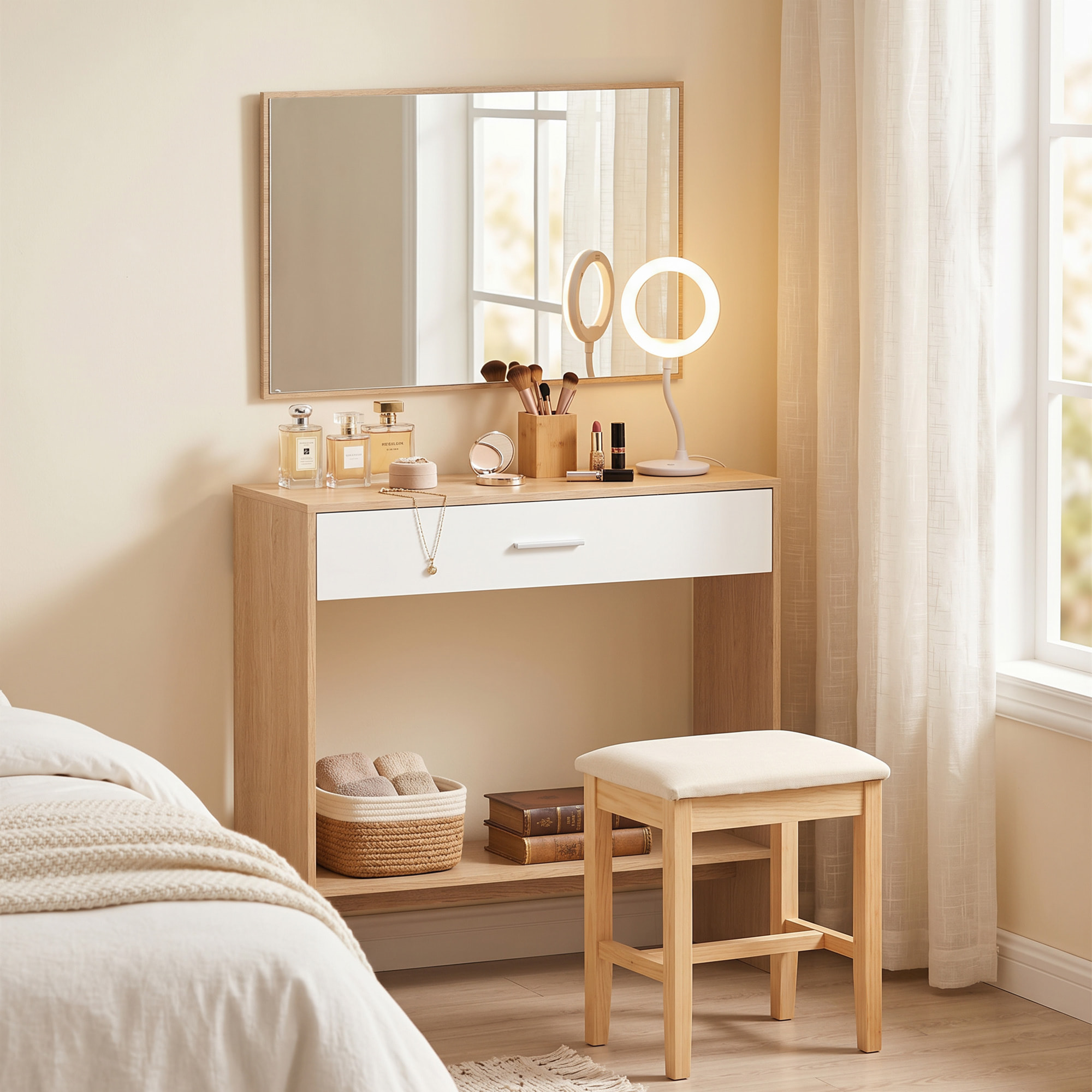 Recibidor de Entrada con Espejo, Cajón y Estante, Mueble de Recibidor de 2 Piezas con Mesa Consola y Espejo, Diseño Antivuelco, para Pasillo, 91,5x27,9x85,5 cm, Roble