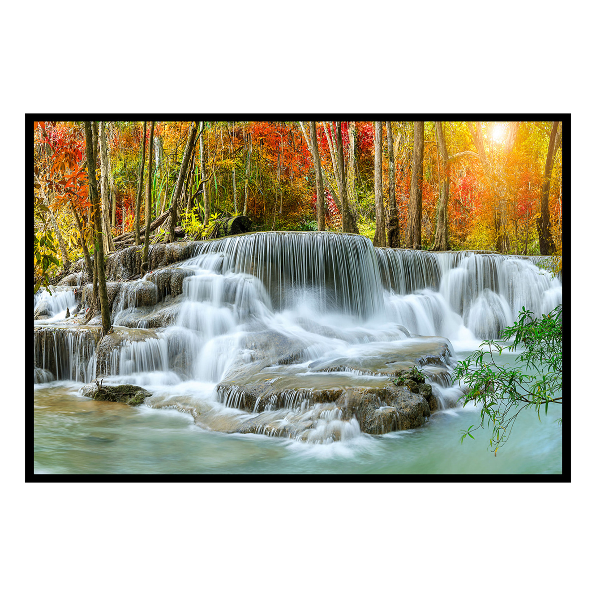 Affiche encadrée – Cascade en forêt automnale Affiche + cadre en métal - Noir