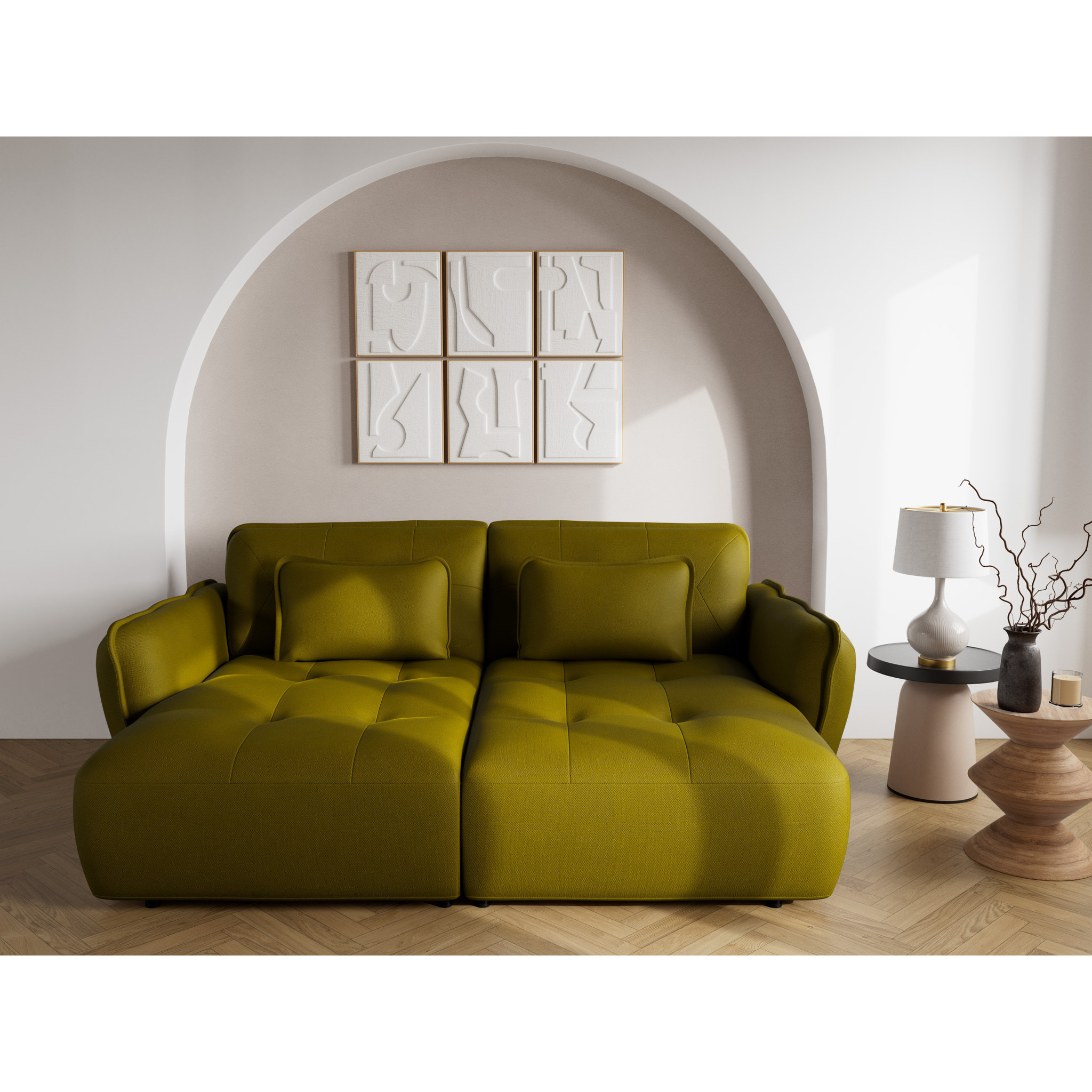 Thais - canapé droit 4 places avec double méridienne assise profonde en tissu texturé - Vert