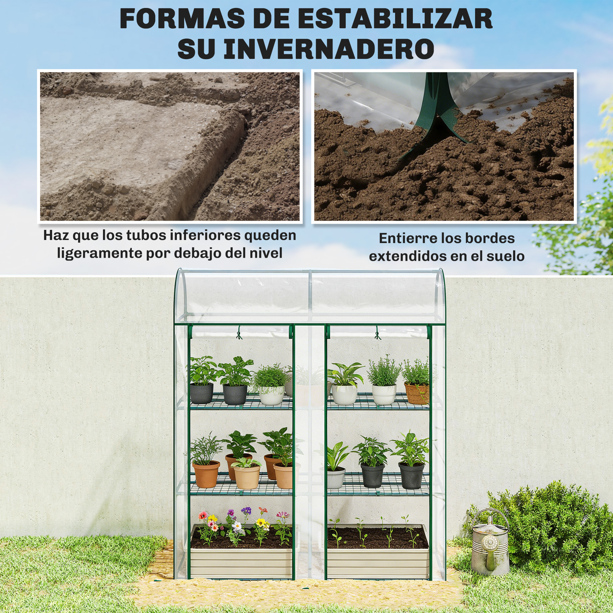 Invernadero Pequeño de 3 Niveles, Invernadero de Exterior con 2 Puertas Enrollables, Marco de Acero y Cubierta de Plástico Anti-UV para Cultivar Plantas, Flores, 143x46x164 cm, Transparente
