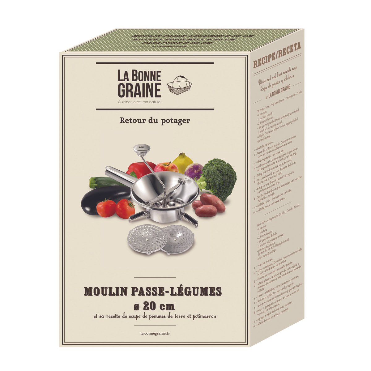 Moulin passe-légumes Ø 22 cm inox - 3 grilles - Pack La Bonne Graine