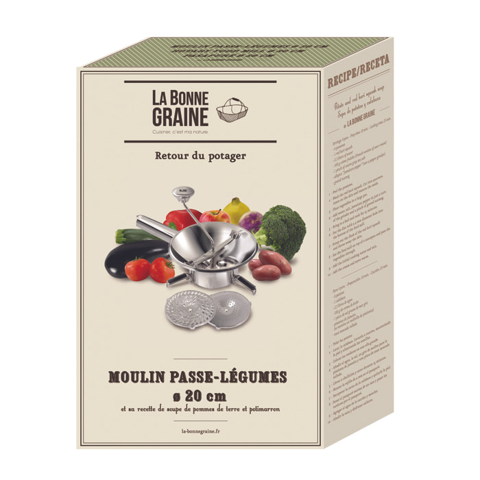 Moulin passe-légumes Ø 22 cm inox - 3 grilles - Pack La Bonne Graine
