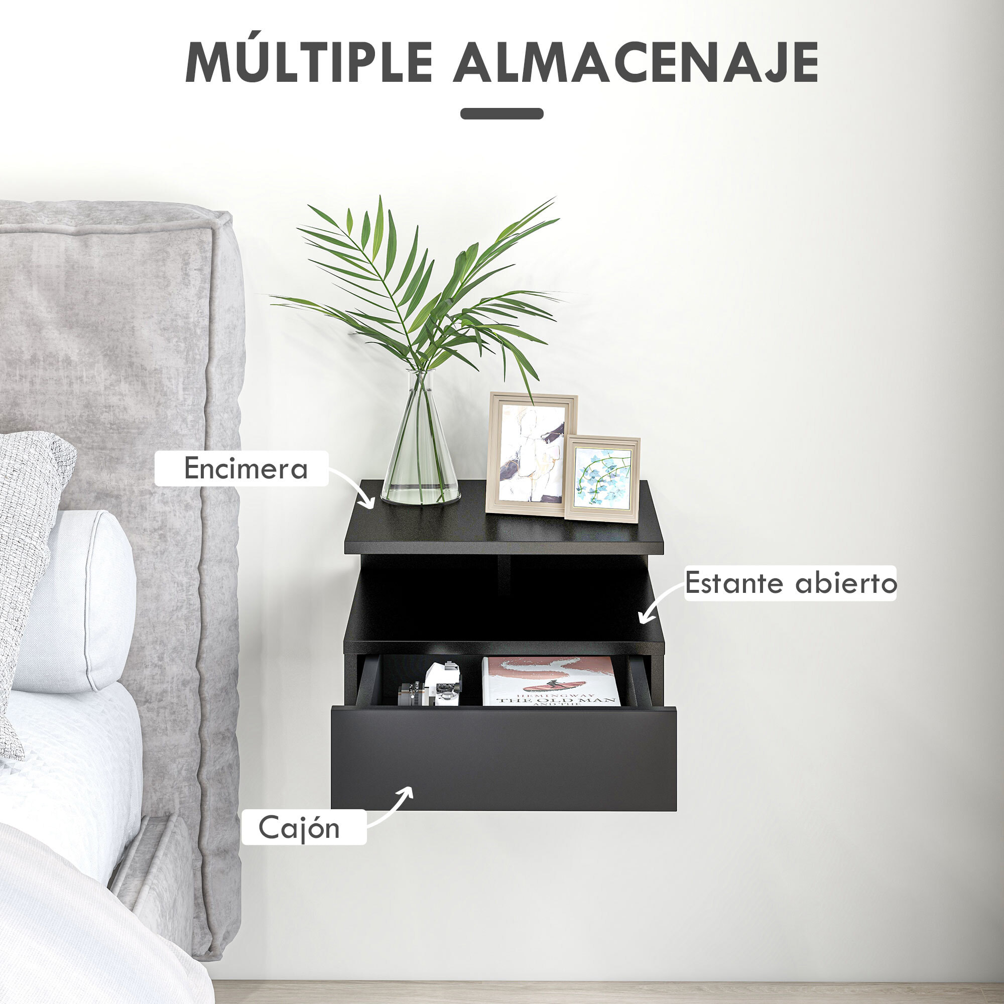 HOMCOM Set de 2 Mesitas de Noche Flotantes con 1 Cajón y Estante Abierto Diseño Moderno Montado en la Pared 35x32x22,5 cm Negro