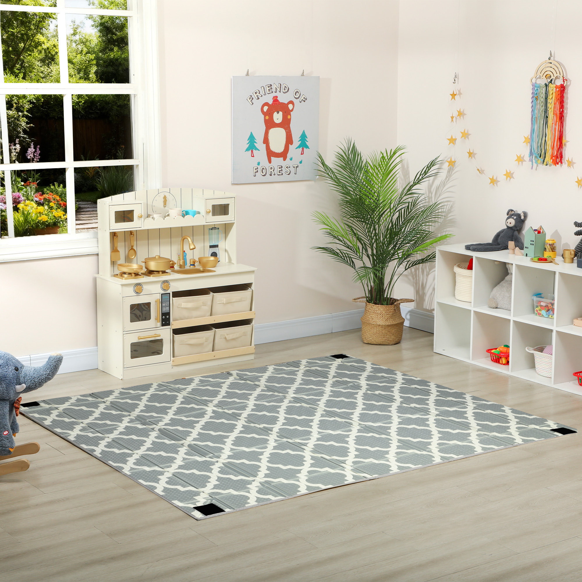 Tapis de jeu - tapis enfant pliable réversible - dim. 202 x 180 cm ép. 1 cm - circuit animaux